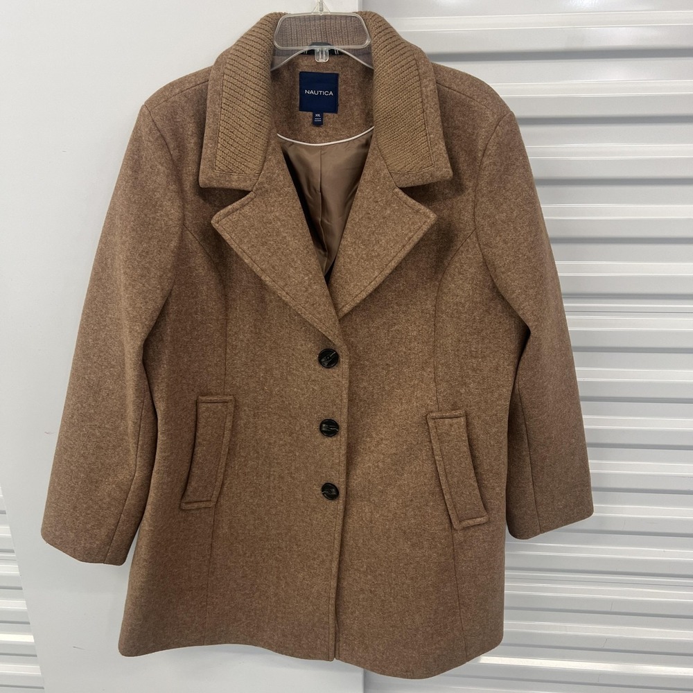 Nautica Pea Coat Womens XXL Brown Taupe Melange Tweed Overcoat Mid Length Lined